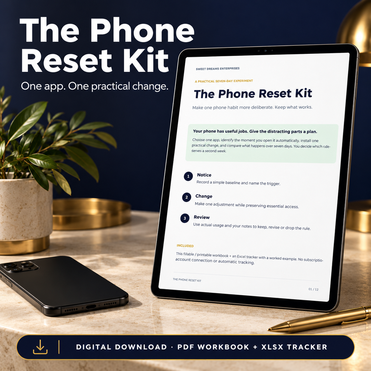 The Phone Reset Kit digital workbook shown on a tablet. PDF workbook and XLSX tracker download; devices are illustrative and not included.