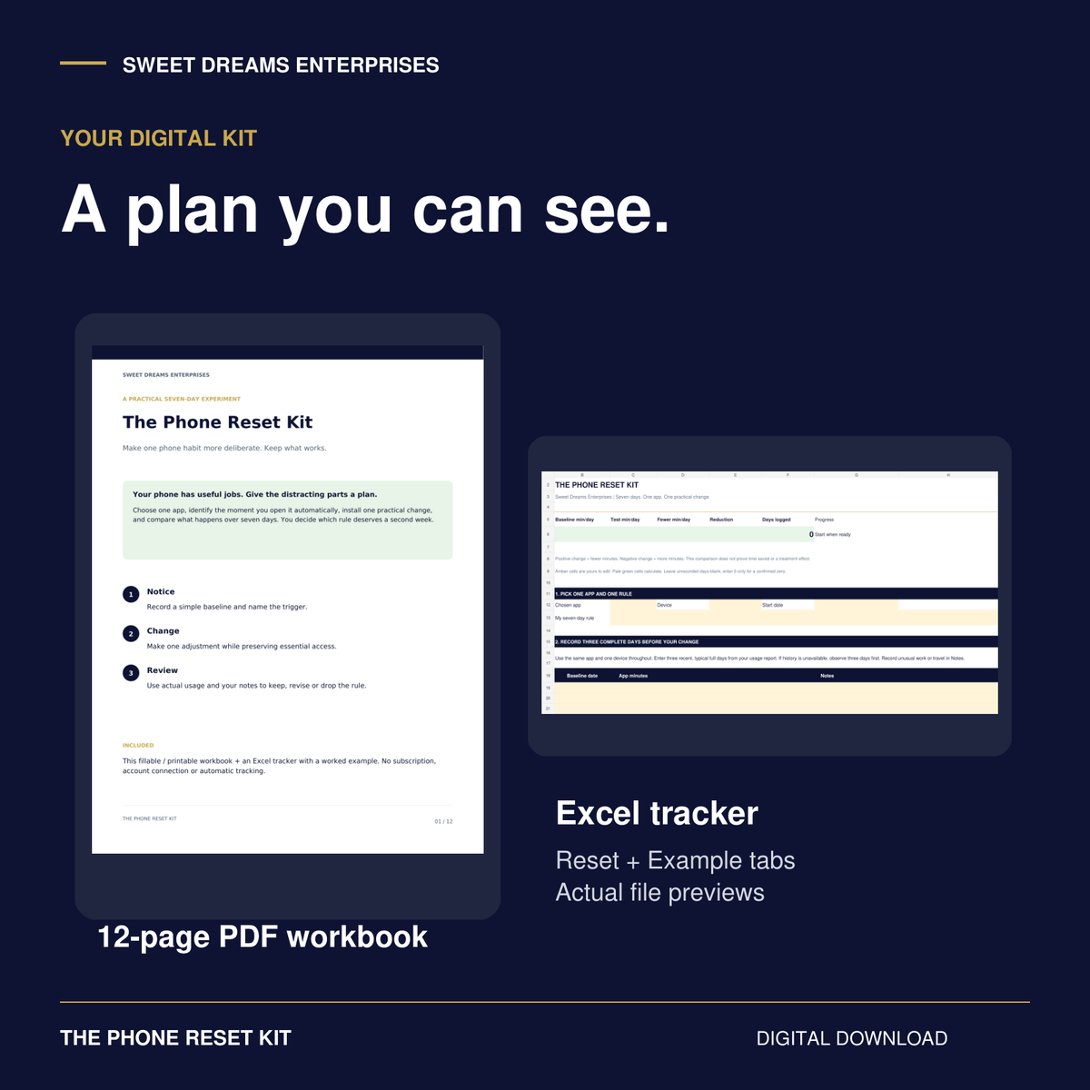 Actual Phone Reset Kit PDF cover and blank Reset tracker preview. Two digital files; no physical product.