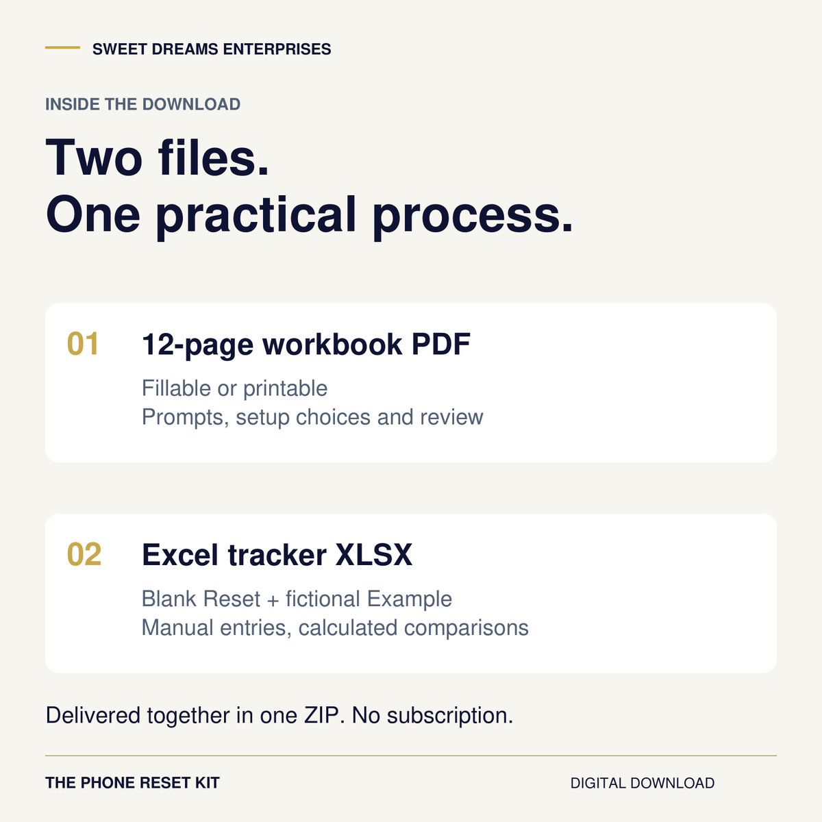 Includes a 12-page fillable or printable PDF workbook and XLSX tracker with Reset and fictional Example tabs.