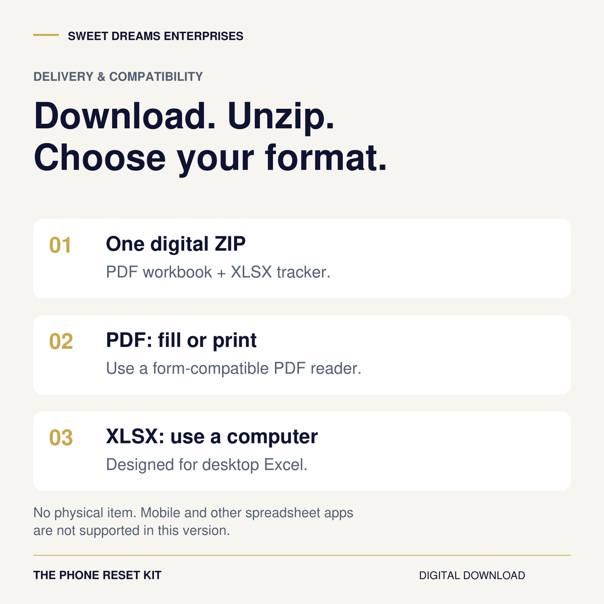 Digital ZIP containing PDF and XLSX. PDF requires a compatible reader; tracker designed for desktop Excel.