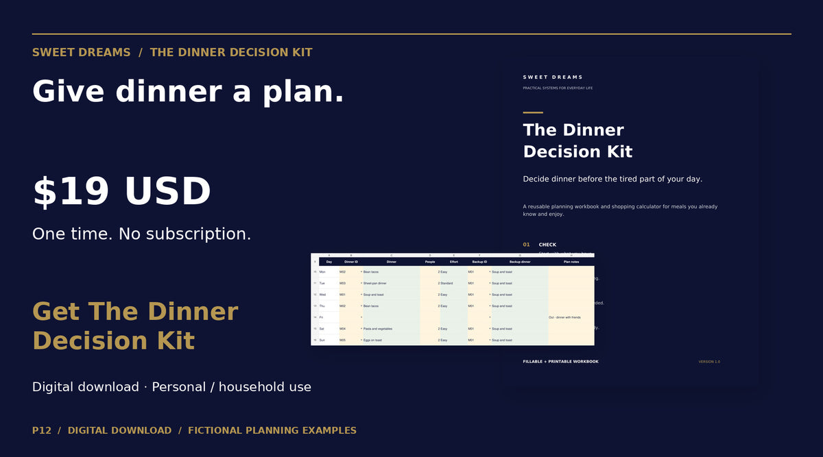 The Dinner Decision Kit: PDF and XLSX, $19 USD one time, no subscription.